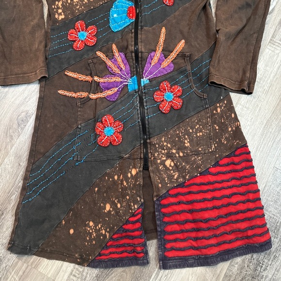 Rising International Patchwork Longline Hoodie Jacket Women M Brown Boho Artsy - Picture 3 of 9